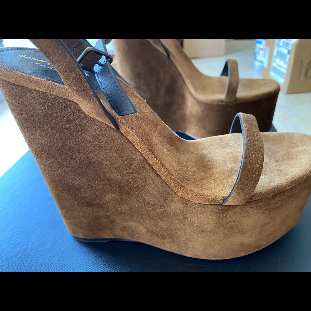 YSL Frida Brown Suede Wedges New - Picture 5 of 12